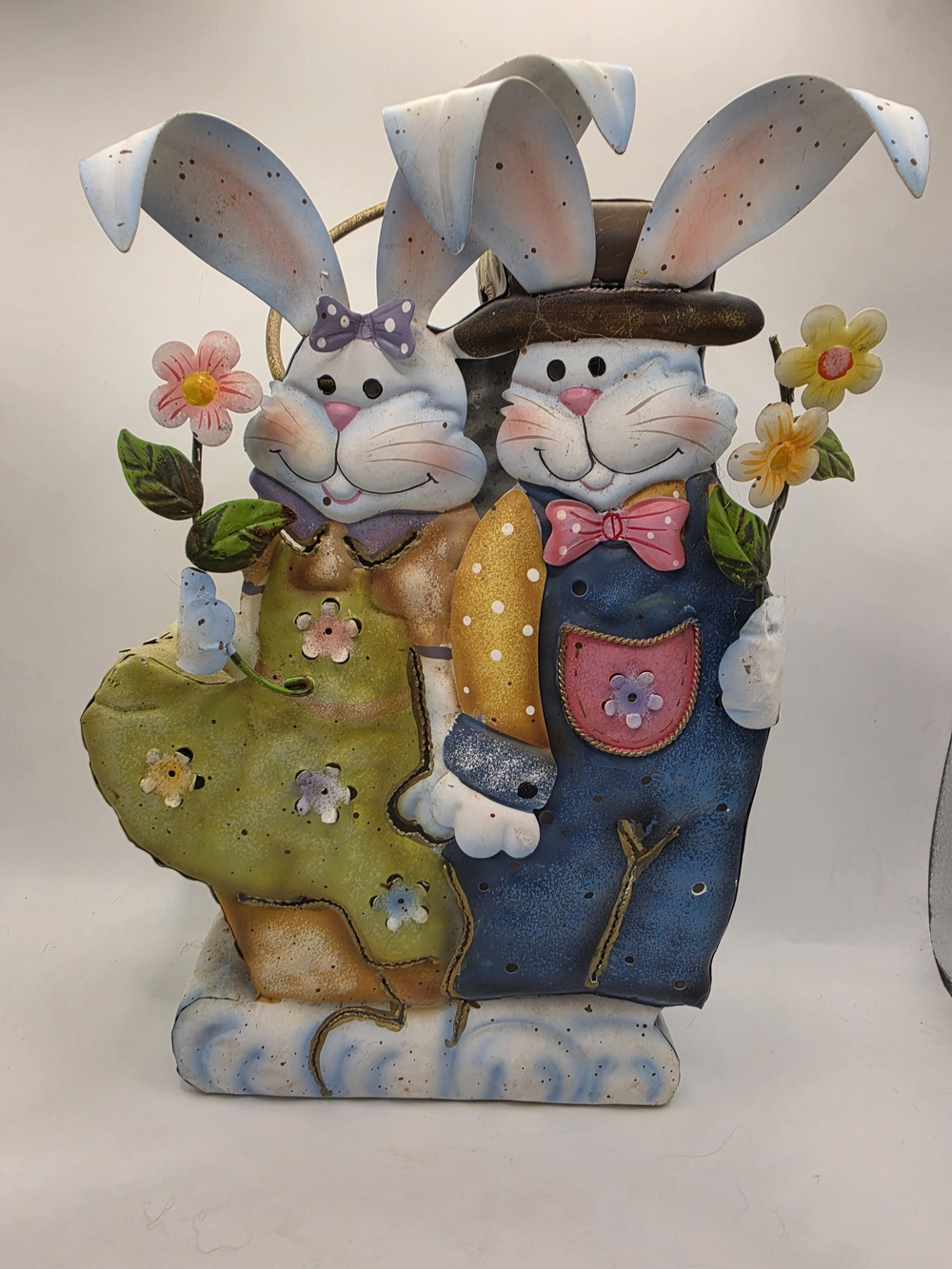 Vintage Home Interiors Blue Green Mr Mrs Bunny Metal Tin Candle Holder Lantern
